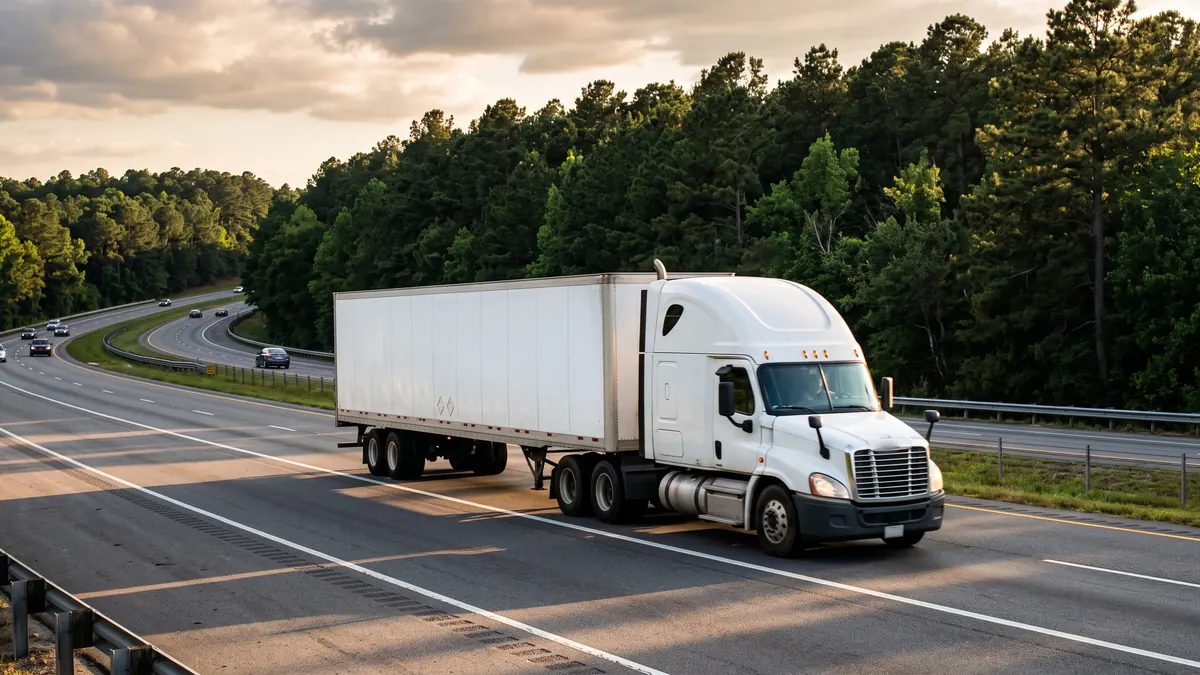 18-wheeler on an interstate cut through East Texas pine forest