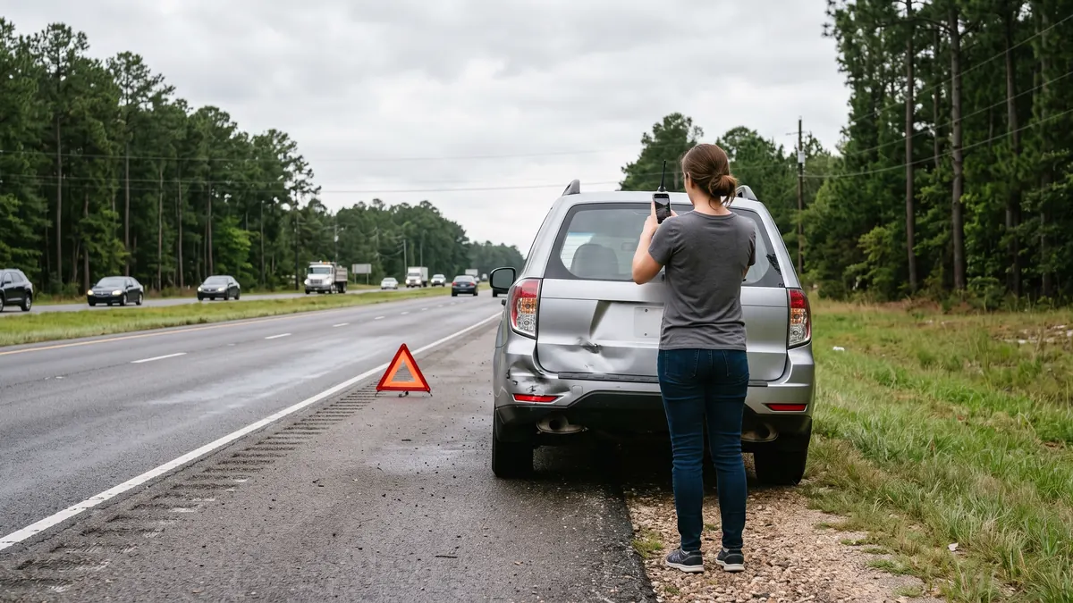 Driver photographing rear bumper damage on the shoulder of a pine-lined Longview road