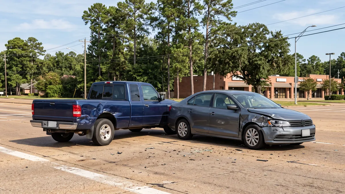 Two damaged vehicles after an intersection collision on a pine-lined Longview street